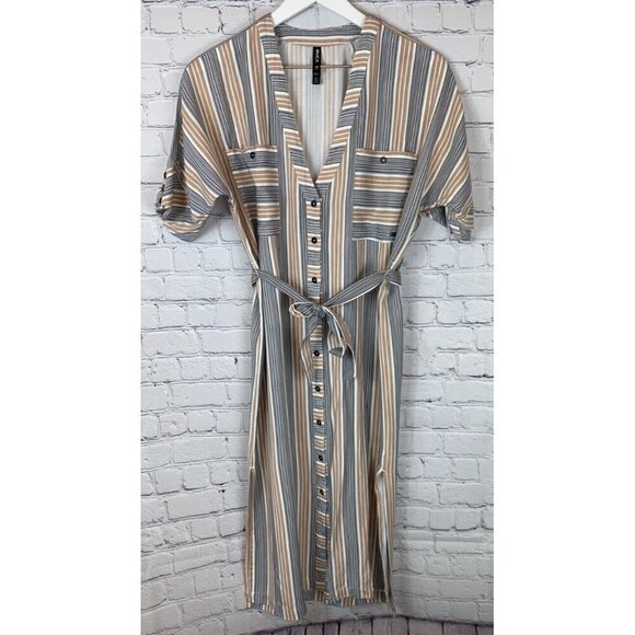 RVCA Womens' Tan Black White Circus Striped Midi Shirt Dress Size XS - Picture 1 of 8